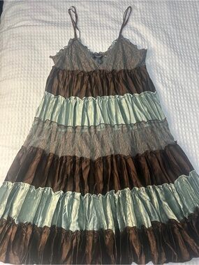 Guess Satin and Lace Slip Dress in Brown and Teal